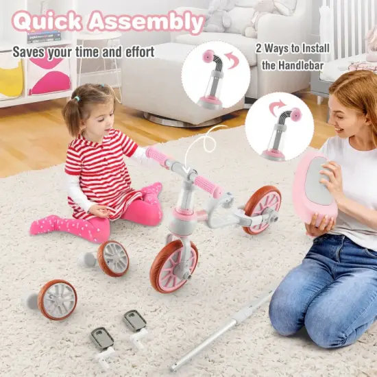 4-in-1 Kids Trike Bike with Parental Control Handlebar and 4 Level Adjustable Height Pink {5}
