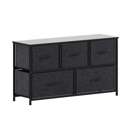 Emma and Oliver Marley 5 Drawer Storage Dresser with Cast Iron Frame, Wood Top and Easy Pull Fabric Drawers with Wooden Handles BlackDrawer/Black {1}