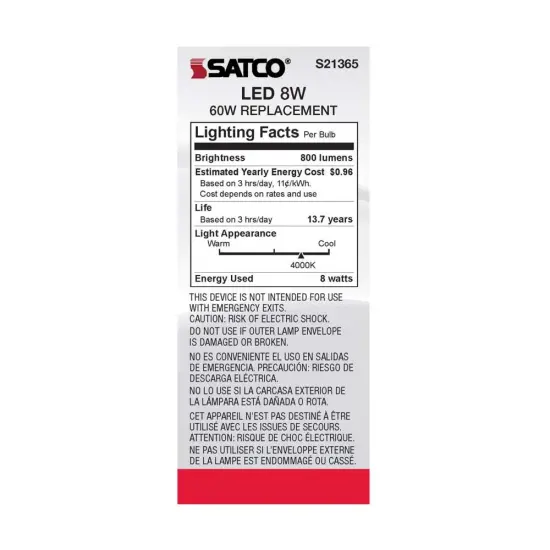 6Pk - Satco 8w ST19 LED 4000K Medium Base Dimmable - 60w equiv Cool White {6}