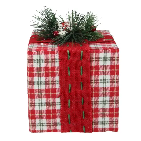 Northlight Plaid Gift Box with Pine Bow Christmas Decoration - 8" - Red and Green {3}