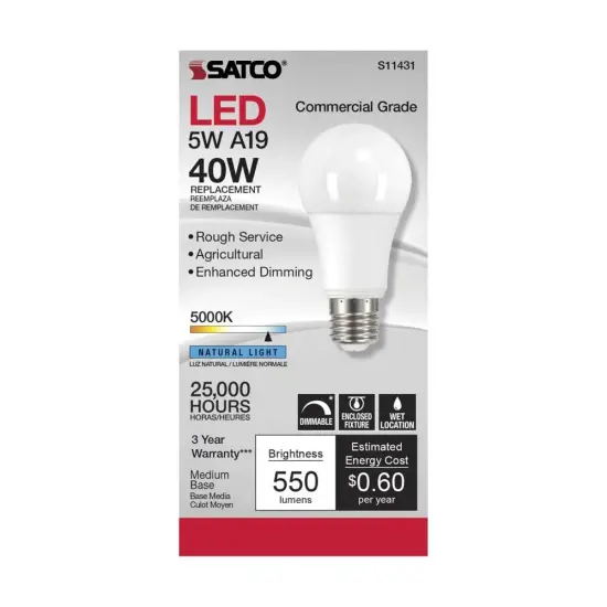 Satco 5w A19 LED Commercial Grade Agriculture Bulb 5000K 120v - 40w-equiv Natural Light {2}