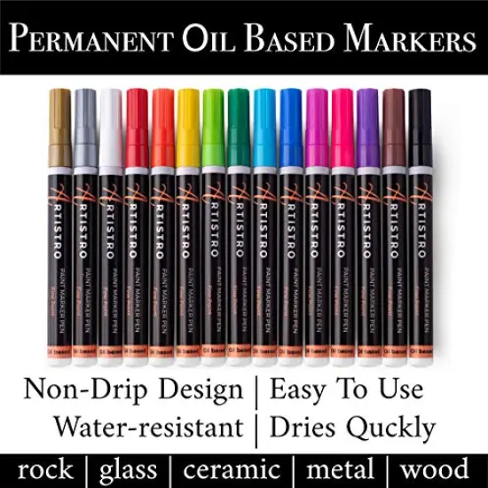 15 Oil Based Paint markers for Wood, Rock, Fabric, Glass - Permanent, Quick Dry, Waterproof - Oil paint pens for Ceramic, Mugs, Metal, Plastic - 1mm Fine Tip {1}