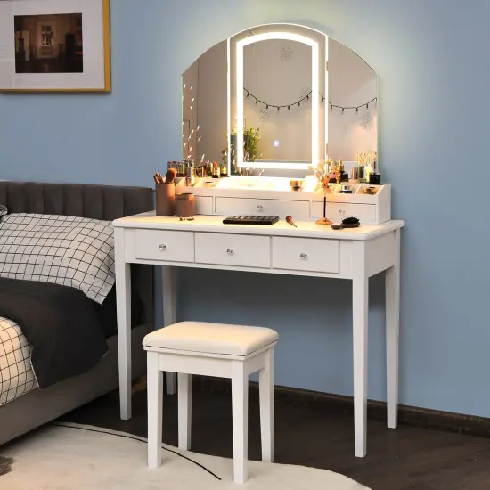 Vanity Table Stool Set with Large Tri-folding Lighted Mirror White {2}