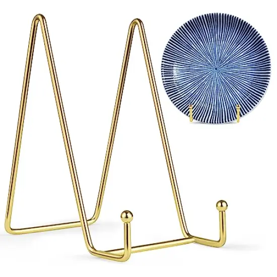 Mocoosy 2 Pack 6 Inch Gold Plate Stands for Display, Metal Square Wire Easel Stand, Plate Holder Display Stands, Picture Frame Stands for Display Photos, Decorative Platter, Plaques and Table Top Arts {1}