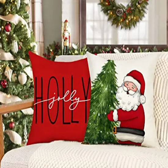 Red Christmas Pillow Covers 18x18 Set of 4 Farmhouse Christmas Decorations Snowman Wreath Santa Claus Tree Merry Christmas Holly Jolly Winter Holiday Decor Throw Cushion Case for Home Couch S22C17 {5}