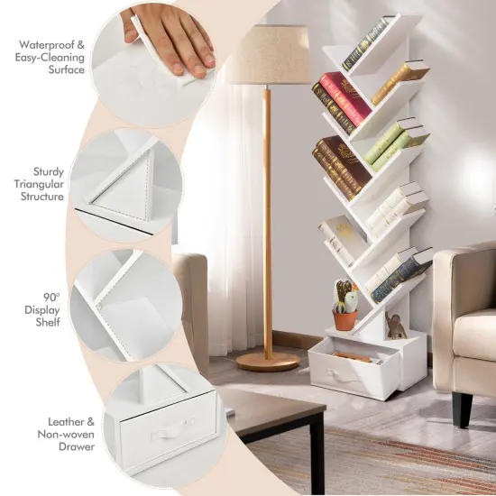 10-tier Tree Bookshelf with Drawer Free-standing Storage Bookcase White {4}