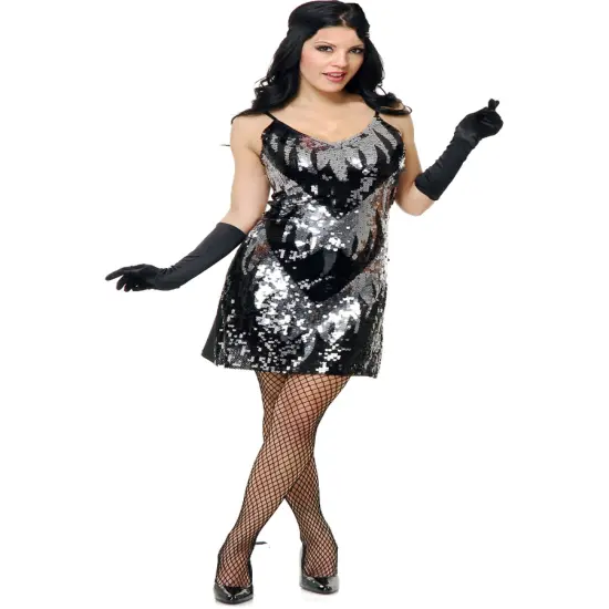 Adults Womens 20s Black Silver Flapper Girl Sequin Dress Costume {1}