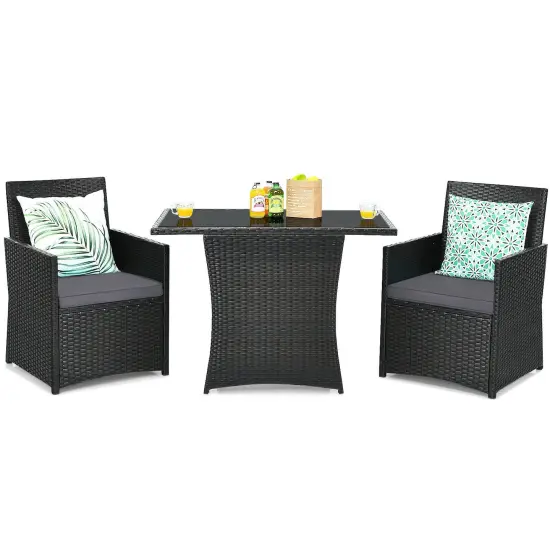 3 Pieces Patio Rattan Furniture Set with Cushion and Sofa Armrest Grey {3}