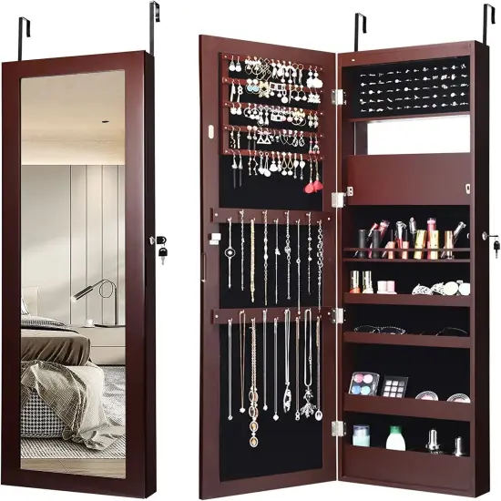 Lockable Wall Door Mounted Mirror Jewelry Cabinet with LED Lights Brown {1}