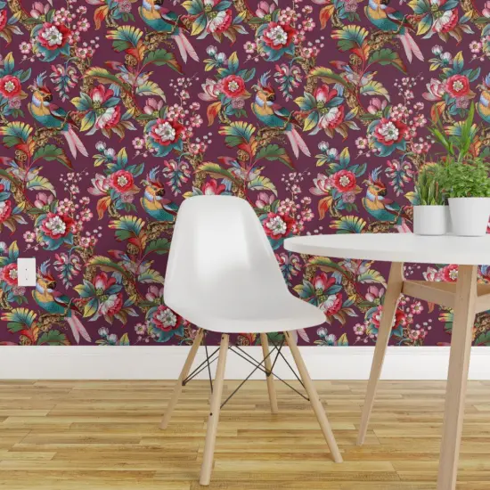 Peel & Stick Wallpaper 2FT Wide Purple Antique Birds Palm Jungle Tropical Magenta Burgundy Wine Mauve Botanical Parrot Victorian Edwardian Art Nouveau Large Scale Custom Removable Wallpaper by Spoonflower {1}