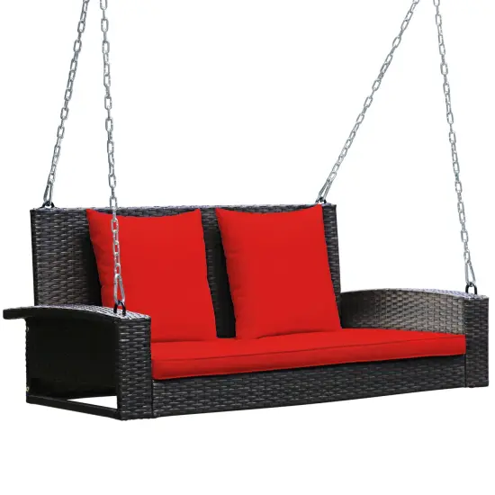 2-Person Patio Rattan Porch Swing with Cushions Red {4}