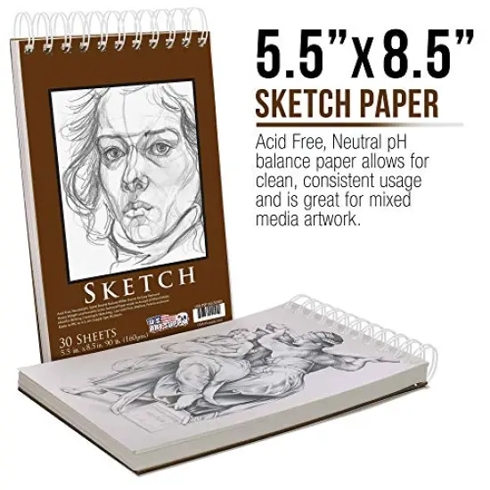 5.5" x 8.5" Top Spiral Bound Sketch Book Pad, Pack of 2, 30 Sheets Each, 90lb (160gsm) - Acid-Free Heavyweight Paper, Artist Sketching Drawing Pad - Pencils, Charcoal - Adults, Student {5}
