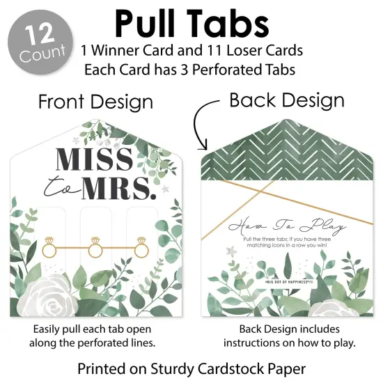 Big Dot of Happiness Boho Botanical Bride - Greenery Bridal Shower and Wedding Party Game Pickle Cards - Pull Tabs 3-in-a-Row - Set of 12 {6}