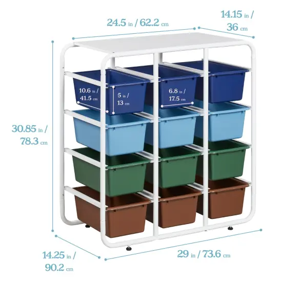 4-Tier Storage Rack with 12 Cubby Bins 4x3, Multipurpose Organization Earthtone {2}