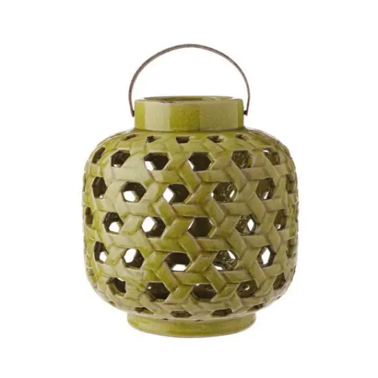 Raz 12.5" Tea Garden Caladium Leaf Green Glazed Terracotta Crackled Decorative Pillar Candle Lantern {1}