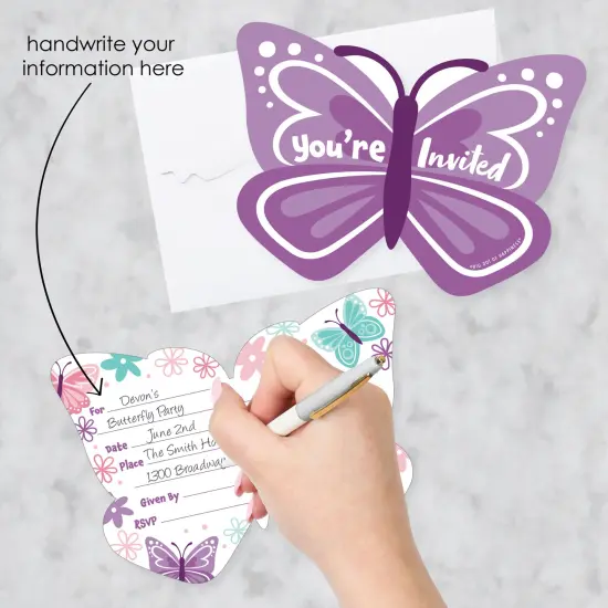Big Dot of Happiness Beautiful Butterfly - Shaped Fill-In Invitations Floral Baby Shower or Birthday Party Invitation Cards with Envelopes - Set of 12 {3}