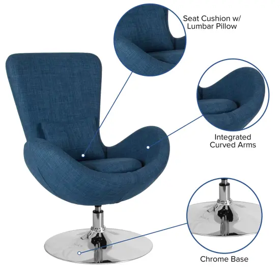 Merrick Lane Soro High-Back Egg Style Lounge Chair With 360° Swivel Metal Base Blue Fabric {2}