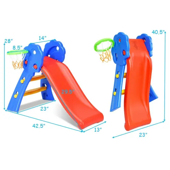 2 Step Indoors Kids Plastic Folding Slide with Basketball Hoop {4}