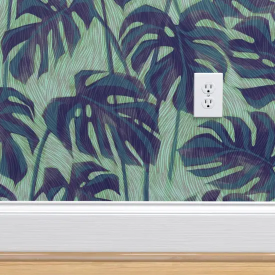 Peel & Stick Wallpaper 2FT Wide Blue Palm Tropical Foliage Rainforest Summer Ink Green Houseplant Custom Removable Wallpaper by Spoonflower {4}