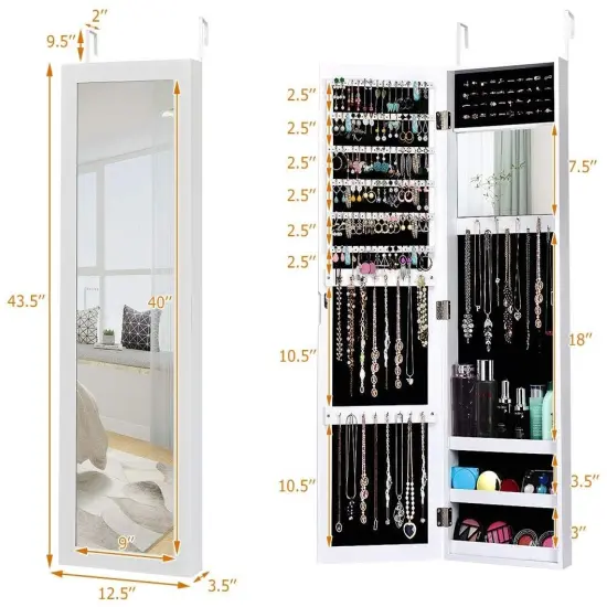 Full Length Mirror Jewelry Cabinet with Ring Slots and Necklace Hooks White {4}