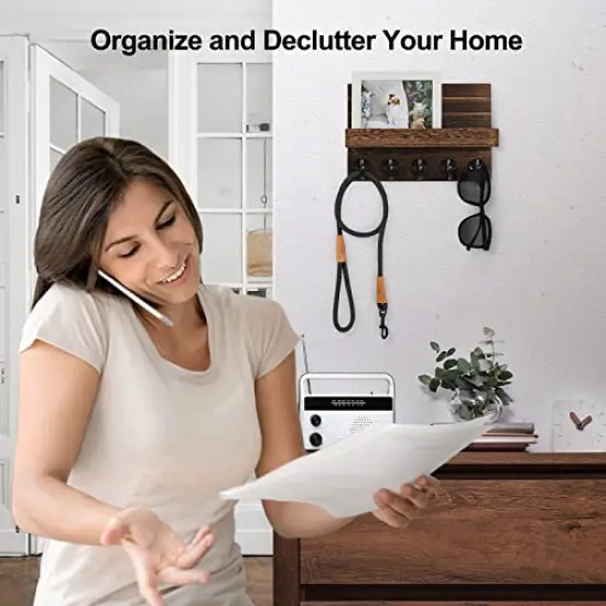 Key Holder for Wall, Decorative Key and Mail Holder with Shelf Has Large Key Hooks for Bags, Coats &ndash; Paulownia Wood Key Hanger with Mounting Hardware (9.8&rdquo;W x 6.7&rdquo;H x 4.2&rdquo;D) (Brown) {3}