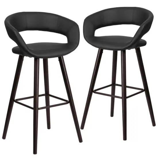 Emma and Oliver 2 Pk. 29'' High Contemporary Vinyl Barstool with Cappuccino Wood Frame Black {1}