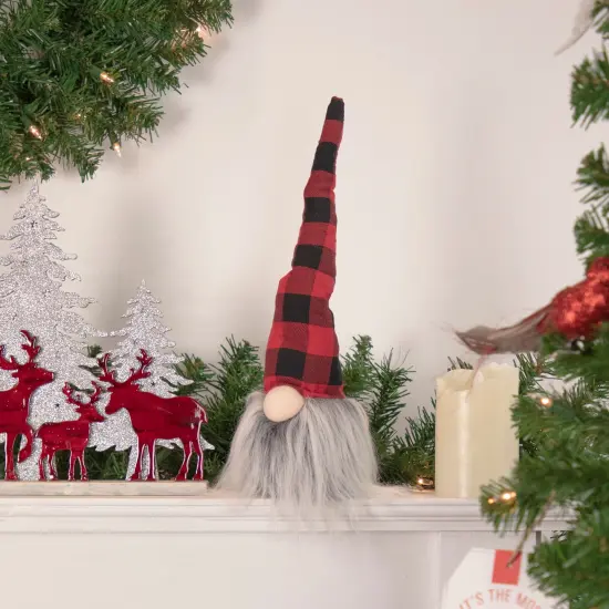 Northlight Buffalo Plaid Gnome Head with Long Beard Christmas Figure - 16" - Red and Black {3}