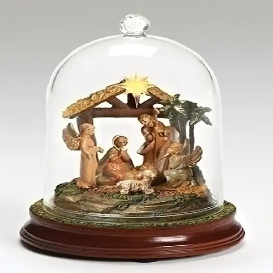 Roman 7.25" Brown and Yellow LED Lighted Musical Cloche Dome Nativity Scene Christmas Decor {1}