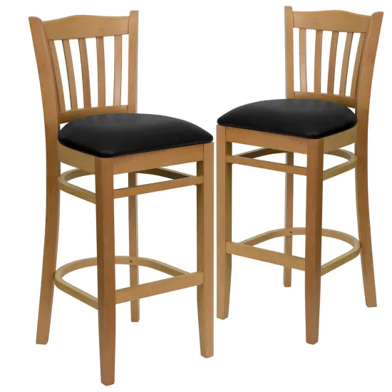 Emma and Oliver 2 Pack Vertical Slat Back Wooden Restaurant Barstool BlackVYL/NaturalWood {1}