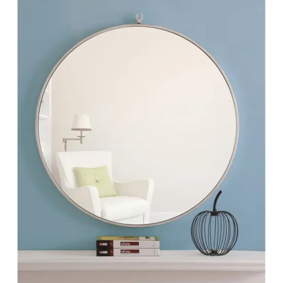 Metal frame Round Mirror with decorative hook 32 inch Silver finish {2}