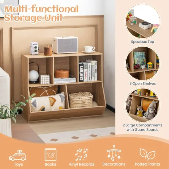 5-Cube Wooden Kids Bookshelf Organizer with 3 Upper Cubes for Books and 2 Large Cubes for Toys Natural {6}