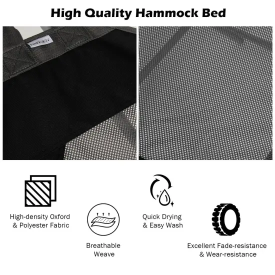 Outdoor Folding Hammock Bed with Breathable Fabric Metal Frame and Side Pocket Storage Black {4}