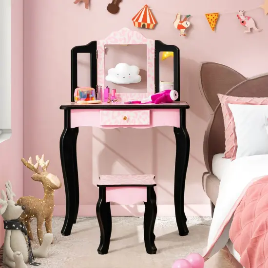 Kid Vanity Set with Tri-Folding Mirror and Leopard Print-Pink {6}