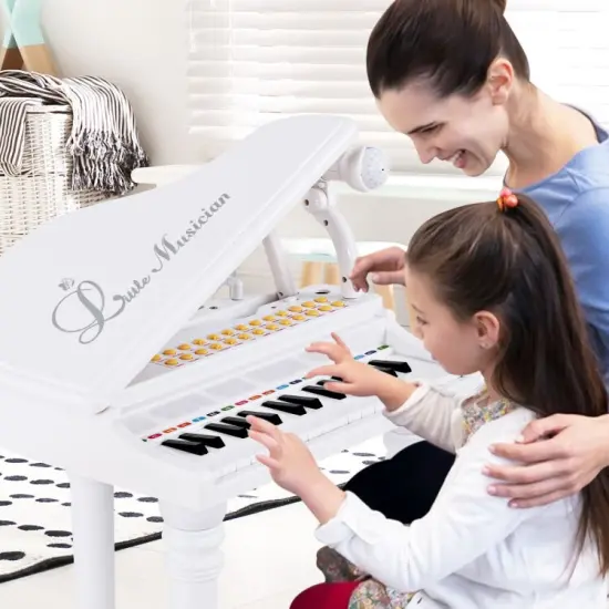 31 Keys Kids Piano Keyboard with Stool and Piano Lid White {2}