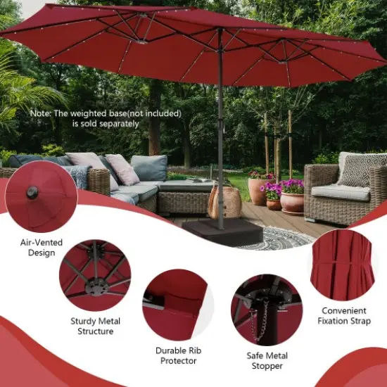 15 Ft Patio Led Crank Solar Powered 36 Lights Umbrella Without Weight Base Dark Red {3}