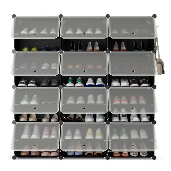 12-Cube 48 Pairs Portable Shoe Shelves with Hook-Black {4}
