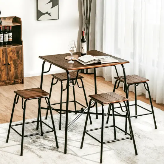 5 Pieces Bar Table Set with 4 Counter Height Backless Stools-Rustic Brown {2}