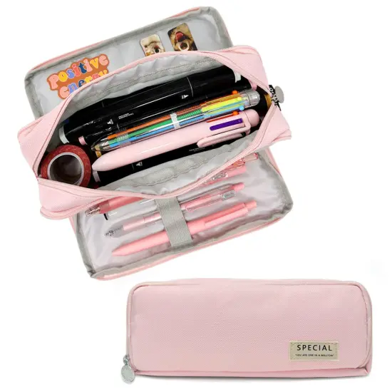Wrapables Large Capacity Pencil Case, 3 Compartment Pencil Pouch for Stationery Pens Pink {1}