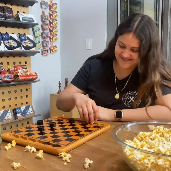 WE Games 14 in. Red and Black Solid Wood Checkers Set, Grooves in Board {2}