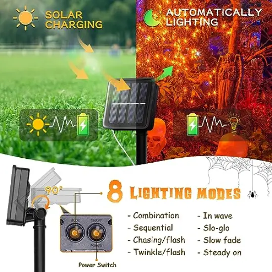 2 PackSolar Halloween Lights Outdoor,Each 33Ft 100LED Orange Halloween Lights,Copper Wire Solar Powered Fairy String Lights 8 Modes for Garden,Tree,Thanksgiving,Christmas,Parties,Home Decor {6}