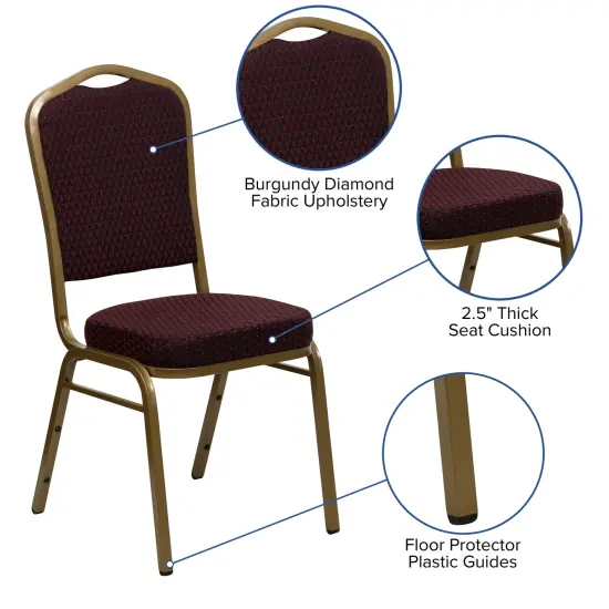 Emma and Oliver Crown Back Stacking Banquet Dining Chair BurgundyFab/Gold {2}