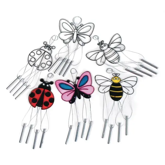 S&S Worldwide Suncatcher Bug Wind Chimes. 4 Ea of 3 Bugs: Ladybug, Butterfly & Bumblebee. Cords & Chimes Incl. 3-1/4" to 5-1/4"W. Hangs Approx. 9". Plastic, Use Markers or Glass Stain, Pack of 12. {1}