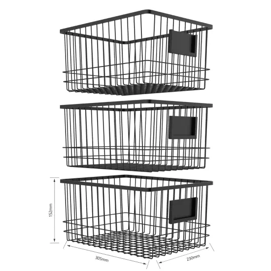 Oceanstar Metal Wire Organizer Bin Basket with Card Holder, Set of 3, Black {2}
