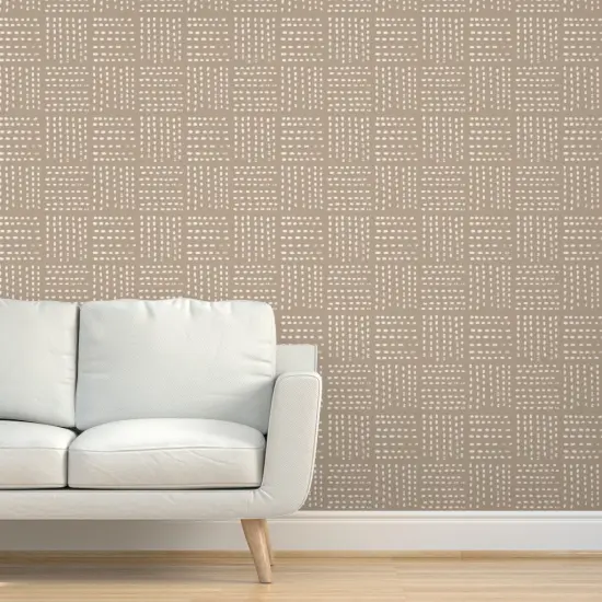 Peel & Stick Wallpaper 2FT Wide Brushstroke Grid Beige On Brown Squares Bohemian Taupe Khaki Custom Removable Wallpaper by Spoonflower {5}