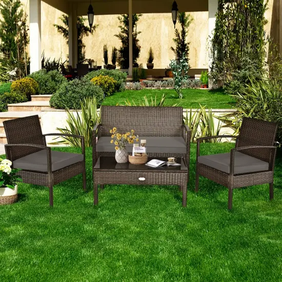 4 Pieces Patio Rattan Cushioned Furniture Set with Loveseat and Table Brown {1}