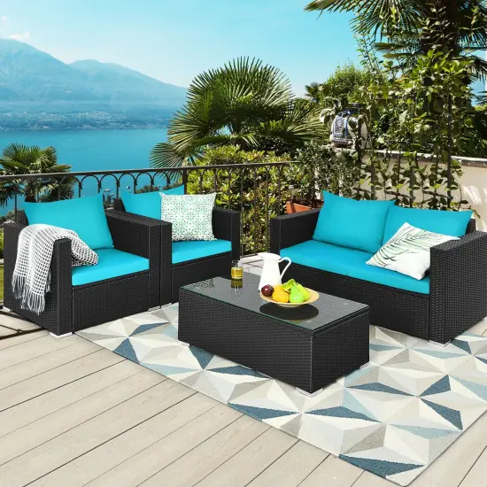 4Pcs Patio Rattan Cushioned Furniture Set Turquoise {1}