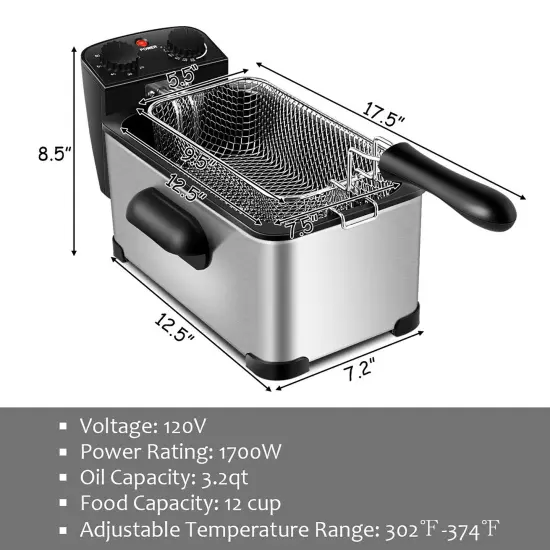 Costway Electric Deep Fryer 3.2 QT/12-Cup Stainless Steel 1700W with Frying Basket {3}