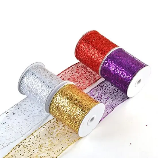 eZthings Decorative Designer Sparkly Sheer Fabric Ribbons for Party Decor and Gift Baskets (10 Yard, Gold(3.5" Width)) Purple(3.5" Width) {4}