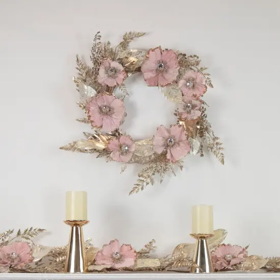 Northlight Poppy and Fern Artificial Christmas Garland - 5' x 10" - Champagne Gold and Pink {3}