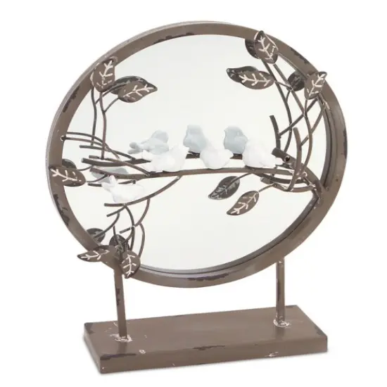 Melrose New Romance Round Tabletop Mirror with Perched Birds on Branch 12.5" White {1}